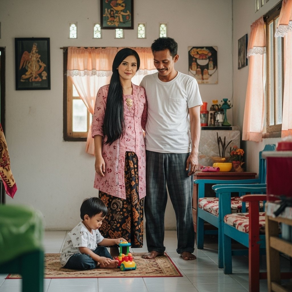 Ilustrasi keluarga kecil di rumah subsidi.