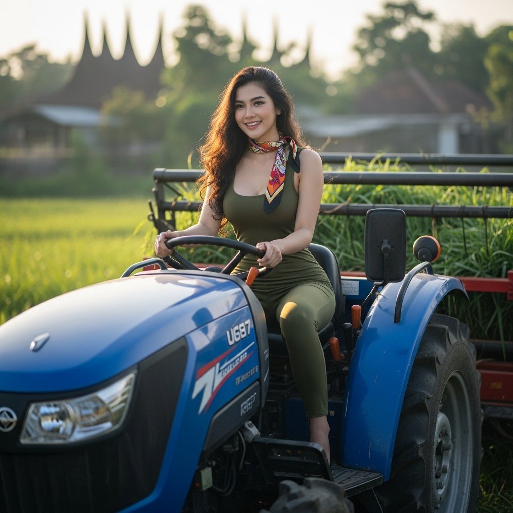 Ilustrasi petani perempuan sedang mengendari traktor.