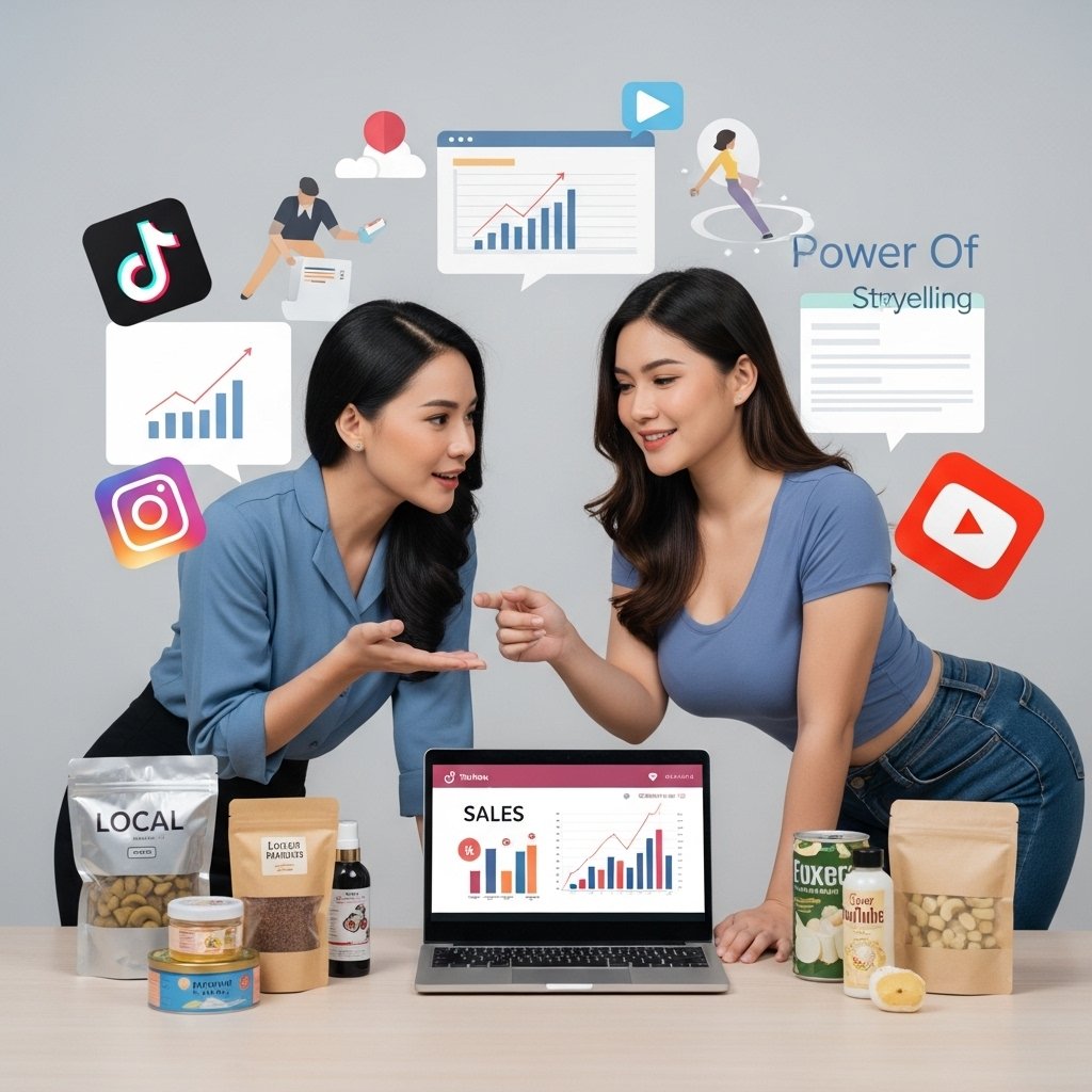 Ilustrasi pelaku UMKM lokal berdiskusi dengan afiliator untuk meningkatkan penjualan lewat konten digital dan strategi pemasaran afiliasi.