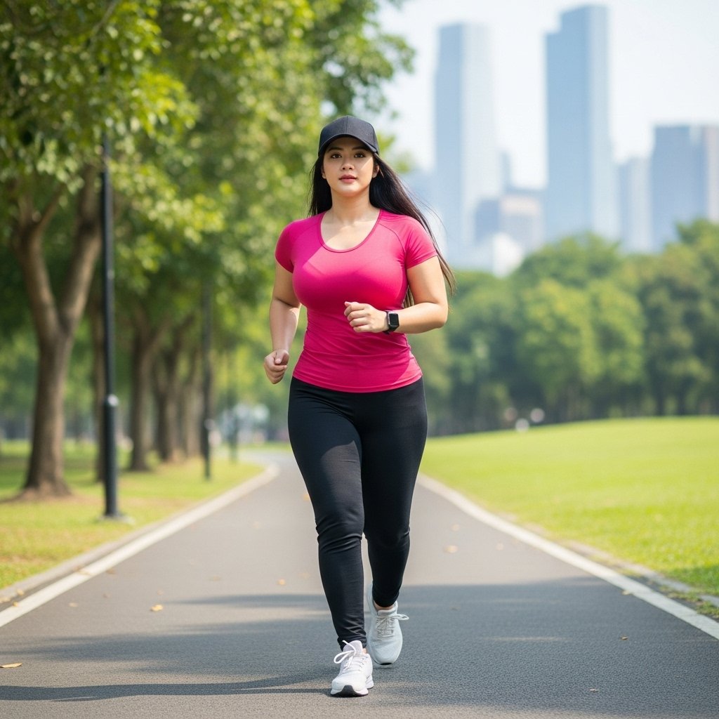 Wanita atletik sedang berolahraga di taman kota.