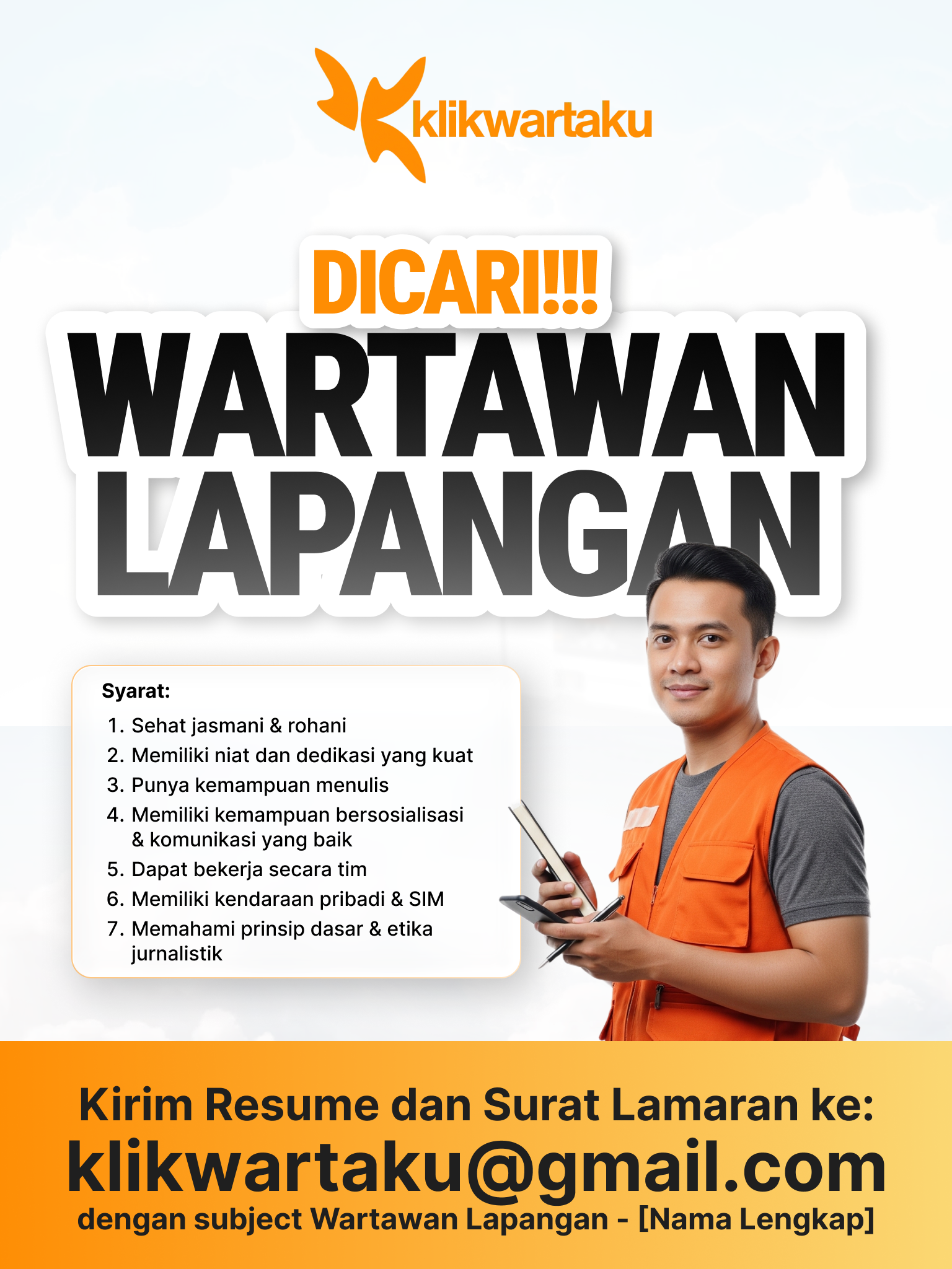 Lowongan wartawan, lowongan wartawan lapangan, lowongan klikwartaku