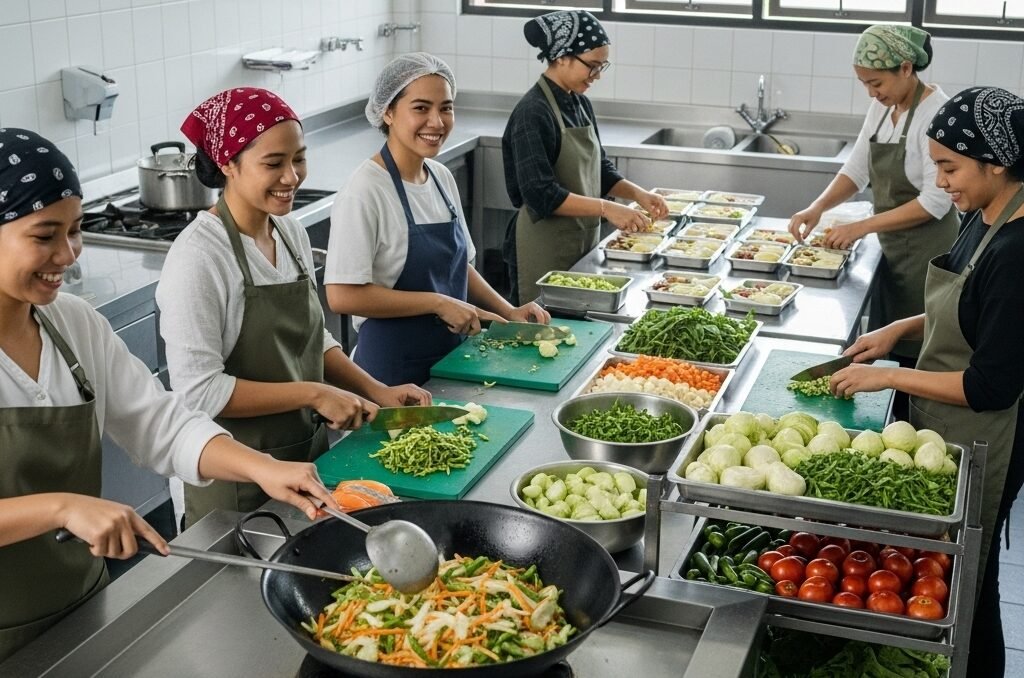 Ilustrasi pelaku UMKM menyiapkan bahan makanan bergizi di dapur produksi skala mikro untuk mendukung program Makan Bergizi Gratis (MBG).