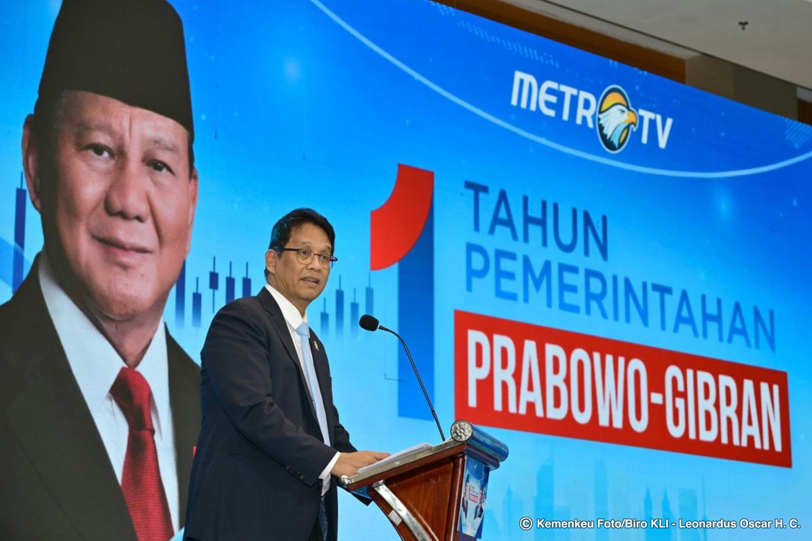 Menteri Keuangan (Menkeu) Purbaya Yudhi Sadewa dalam acara peringatan Satu Tahun Pemerintahan Prabiowo-Gibran di Jakarta pada Kamis (16/10).
