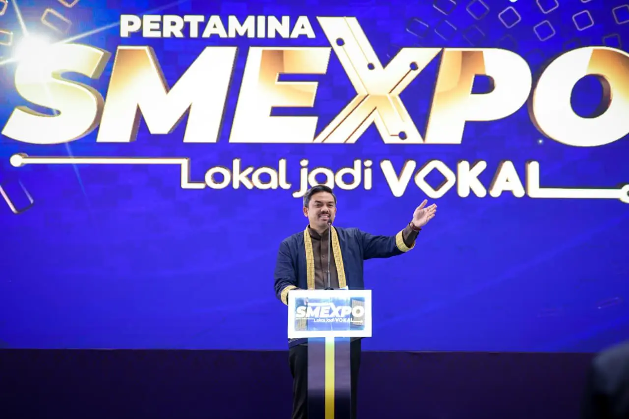 Menteri UMKM Maman Abdurrahman dalam sambutannya pada acara Pertamina SMEXPO 2025 di Tangerang Selatan, Selasa (25/11).