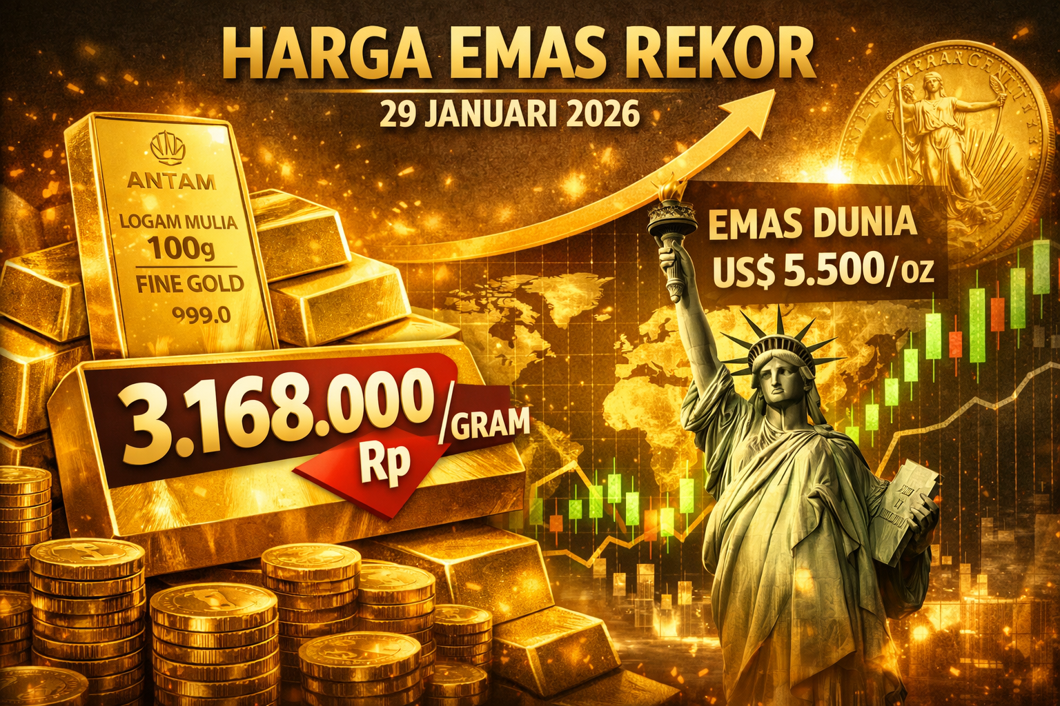 Harga emas pada Kamis 29 Januari 2026 melonjak ke rekor tertinggi karena investor global memburu aset aman di tengah ketidakpastian ekonomi dan gejolak pasar keuangan.
