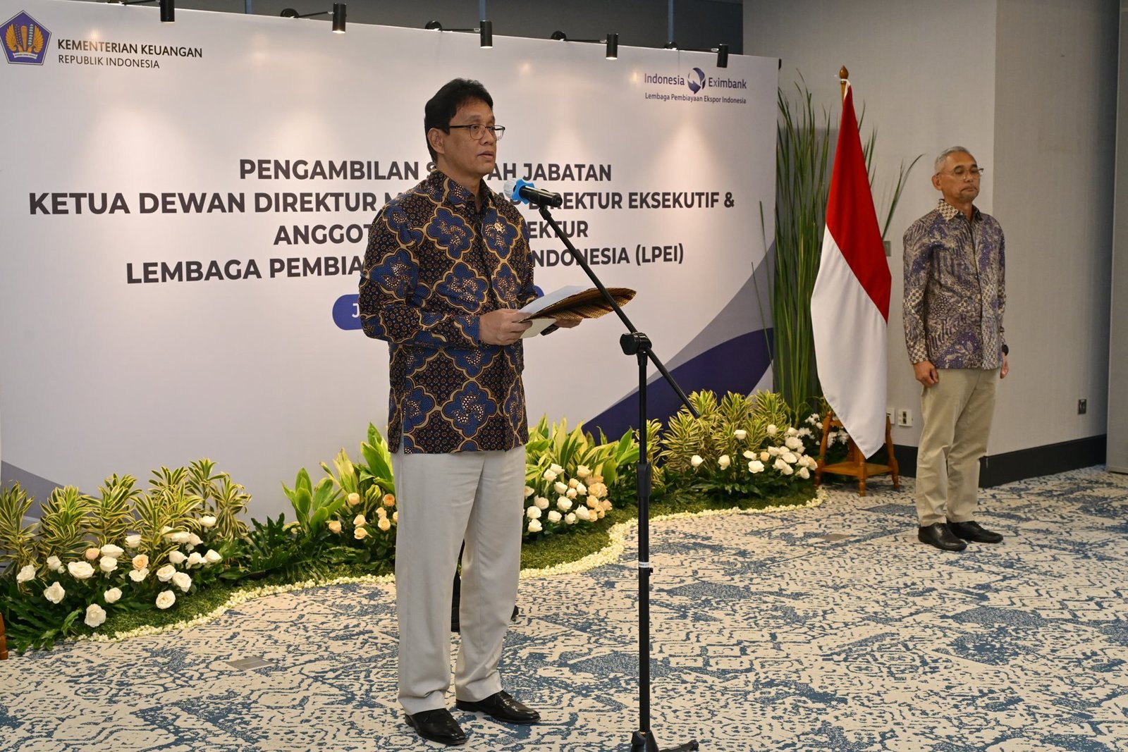 Pelantikan LPEI turut dihadiri oleh Menteri Keuangan (Menkeu) Purbaya Yudhi Sadewa dan para Direktur Utama Special Mission Vehicle (SMV) Kementerian Keuangan.